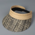 Detail of adjustable black leather buckle on two-tone woven raffia sun visor hat - M (55-59cm Adjustable) / Black Geometric Pattern Brim (B25037)