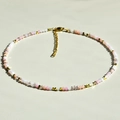 Pink and white crystal beaded titanium steel necklace with gold hexagonal spacers - Pink White