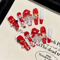 Uñas postizas de Navidad hechas a mano con lazos 3D rojos, relieve de nieve y perlas - Extra Pequeño (XS)