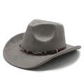 Detail of grey suede cowboy hat featuring brown leather band with bronze rivets and stitching - M(56-58cm) / Gray