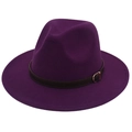 Close-up of a purple felt fedora hat featuring a brown leather belt with a golden buckle - M (56-58cm) / Purple