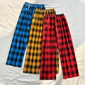 Women's faux silk plaid pajama pants in blue, yellow, and red colors with elastic waist - S / Plaid - Blue + Yellow + Red (3-Pack)