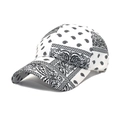 Detail view of stylish paisley bandana print on a white cotton baseball cap with curved brim - M (56-58cm) / White