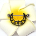 Black crescent moon nipple shield with silver stainless steel barbell and star cutout - Black Crescent Star Style