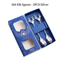 Silver 304 stainless steel elk spoons set with two pieces in a premium blue gift box - 304 Stainless Steel Elk Spoon 2PCS Set (Blue Box) / Silver