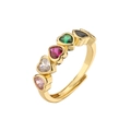 Adjustable gold open ring featuring five multi-colored heart-shaped zircon stones - Adjustable Open / Gold with Multicolor Zircon