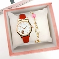 Cute red quartz watch set with cat ears case and moon bracelet in a pink gift box - Watch + Bracelet + Gift Box / Red