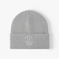 Grey ribbed knit beanie featuring a white embroidered smiley face on the folded cuff - One Size / Noble Grey