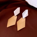 Detail of geometric rhombus earrings with silver mirror finish and gold brushed metal texture - 27# Silver Earring Post - Silver & Gold - Geometric Patchwork Rhombus