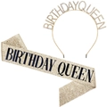Birthday Queen set featuring a gold rhinestone tiara and matching glitter sash for girls - Birthday Queen / Queen Gold Set