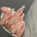 Long coffin press-on nails in nude pink with silver metallic accents and glitter - Glue Type / Starry Sky (BY1053)