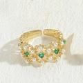 Luxurious 14K gold plated open ring featuring a green zircon stone and small pearls - Zirconia Pearl Ring Style