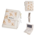 Short women's cream leather wallet featuring brown bear prints and multiple card slots - Apricot