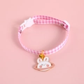 Adjustable pink plaid pet collar with rabbit planet pendant and metal bell accessory - S (17-32cm) / Plaid Rabbit