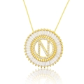 Gold round pendant necklace with letter N and sparkling zircon crystals for women - Gold Letter-N
