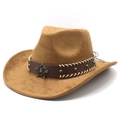 Detail of camel suede cowboy hat with vintage star badge and studded leather band - M (56-59cm) / Khaki Suede