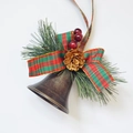 Christmas wish bell with red plaid bow, pine needles, red berries and gold pinecone - Plaid Vintage Large Bell