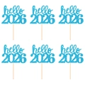 Lot de 6 décorations de gâteau Hello 2026 pailletées bleues avec bâtons en bois de fête - hello 2026 / Lot de 6 / Bleu