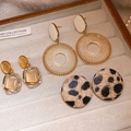 Detailed close-up of vintage earrings set including pearl and leopard print styles - 20# Silver Needle - Gold/White/Brown (6-Piece Set)