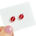 Glittery red football helmet earrings on card holder shown from a front-facing angle - Red Glitter Rugby