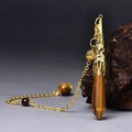 Hexagonal tiger eye crystal point pendant with golden vintage cap and beaded chain - Gold Tiger Eye
