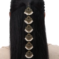 Bohemian gold head chain with green gemstones and white pearls shown on a model - Pearl Green Water Drop Style
