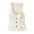 Cream square neck sleeveless vest with button decoration and front pockets on white background - XS / White