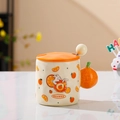Cute ceramic orange theme mug with 3D fruit handle and matching lid and spoon set - 420ml / Orange