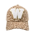 Detail of leopard print baseball cap featuring distressed brim and chenille letter W patch - Leopard-Letter W