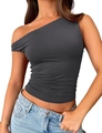 Detail van donkergrijze asymmetrische one-shoulder crop top met gerimpelde zijkant - S / Grijs