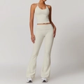 Halter top and high-waist flared yoga set in light beige color for fitness training - S / Grey Apricot (Top+Flared Pants)