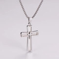 Detailed close-up of a silver stainless steel double-layered cross pendant with chain - Large / Steel