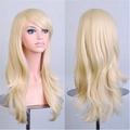 70cm long wavy wig in light blonde with side-swept bangs front and back view - Gold