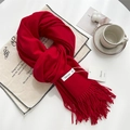 Soft red cashmere-feel winter scarf featuring long fringes and brand label - Red