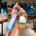 Cute Pochacco figurine keychain in a yellow ice cream cone with a pink silicone wrist strap - B469-6 Pacha Dog / Large