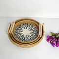 Three-piece set of woven rattan trays with shell inlay sun pattern and wooden handles - Black Leaf / Three-Piece Set