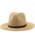 Classic wide-brim straw fedora hat featuring a studded black leather band for men and women - M (56-58cm) / Khaki
