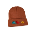 Detailed close-up of brown knit beanie showing cute cartoon dinosaur embroidery - Kids (50-53cm) / Caramel color