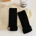 Black wool blend knitted fingerless gloves with a ribbed texture and leather logo tag - One Size / Black