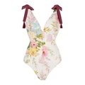 Detail of floral one-piece swimsuit with V-neck and burgundy ribbon bow shoulder straps - S / Single Tie-Up One-Piece Swimsuit