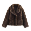 Women's short brown faux fur jacket with lapel collar and high-density plush texture - XS / Dark Brown