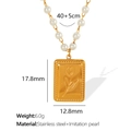 Pendentif carré gravé tulipe en acier inoxydable doré et détails de perles d'imitation - 40+5cm / Doré