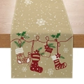 Christmas table runner with red stockings and holly patterns on beige linen fabric - 33cmx180cm / ZQ16-8 (Beige Red Stocking)