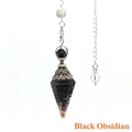 Detailed close-up of a black obsidian hexagonal cone pendulum with copper wire spiral - Obsidian