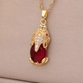 Golden Chinese mythical beast pendant necklace with red stone on beige leather texture - 86#XL2161-3