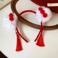 Barrette rouge du Nouvel An chinois avec pompons blancs et franges festives - 56# Serre-Tête-Rouge/Blanc