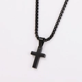 Close-up of a minimalist black stainless steel cross pendant with a matching link chain - Pendant With Chain (AML03772) / Black