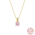Close-up of S925 sterling silver gold necklace with round pink gemstone pendant - Gold-June