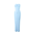 Detail showing side slit and slim fit cut of the light blue strapless maxi dress - S / Blue