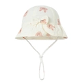 Detailed texture of baby cotton sun hat with pink rabbit print and decorative bow - Little Rabbit